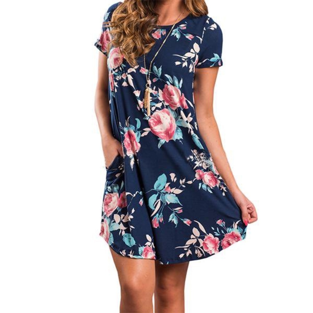 women’s floral summer dress flowy blue, pink chic size M - NWOT